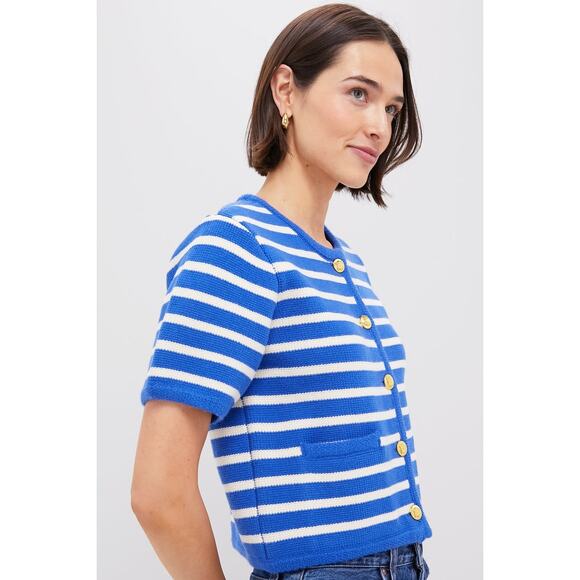 HYACINTH HOUSE Blue & White Striped Short Sleeve Anna Cardigan Size S NWT - Picture 7 of 8